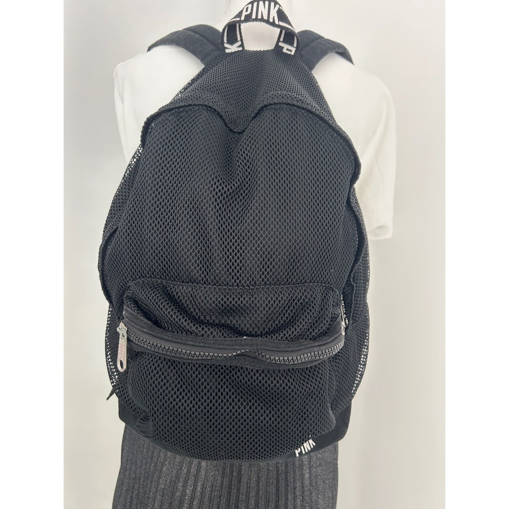Victoria's Secret PINK Black Mesh‎ Backpack Logo Straps School Gym Bag